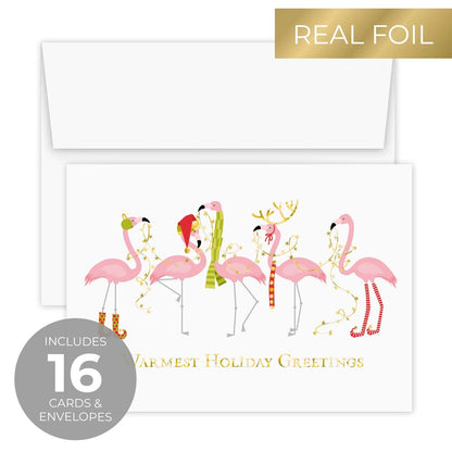 Canopy Street Masterpiece Fashion Flamingos Christmas Cards / 16 Holiday Card Set With Gold Foil And White Envelopes / 5 5/8" x 7 7/8" Winter Greeting Cards With Inside Verse/Made In The USA