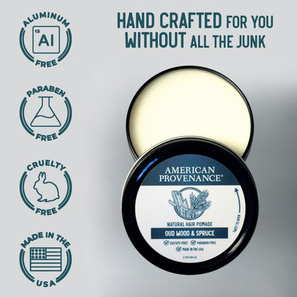American Provenance Premium Natural Hair Pomade for Women and Men with Shea Butter, Jojoba Oil, Argan Oil - Grooming Balm that Conditions and Styles Hair | Oud Wood & Spruce | 2 oz (Pack of 1)