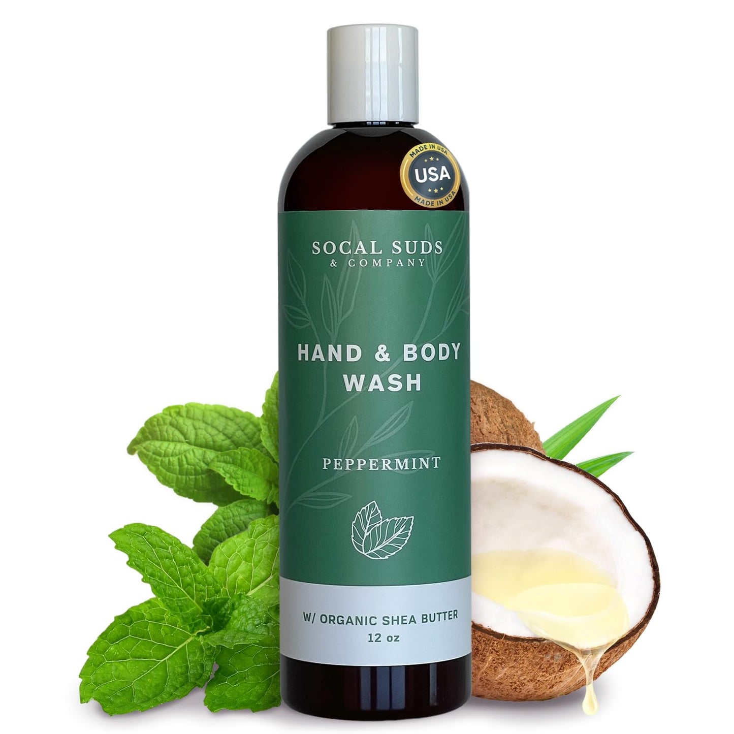 SoCal Suds & Company Hand & Body Wash Organic Shea Butter - Peppermint Scent - Liquid Soap - Daily Body Wash for Men and Women - Moisturizing Ingredients - Gentle Shower Gel - Non-Drying - 12oz
