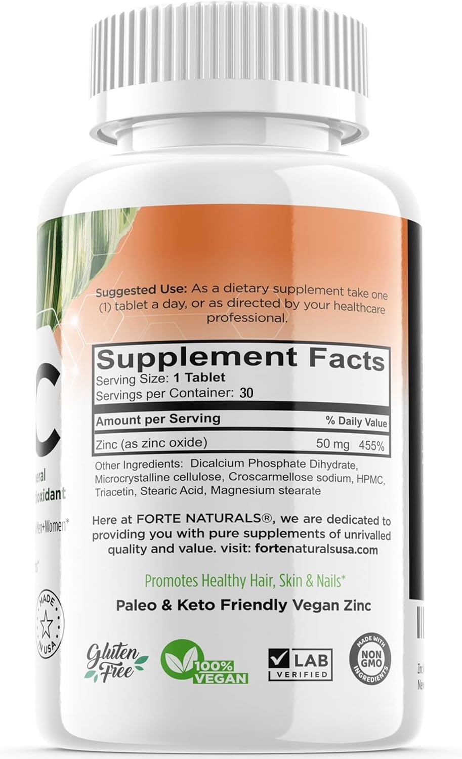 FORTE NATURALS Zinc 50mg, (30 Tablets), Specially Formulated for Sensitive Stomach, Immune Support, Skin & Hair, Vegan Zinc Supplement, Non-GMO Made in USA
