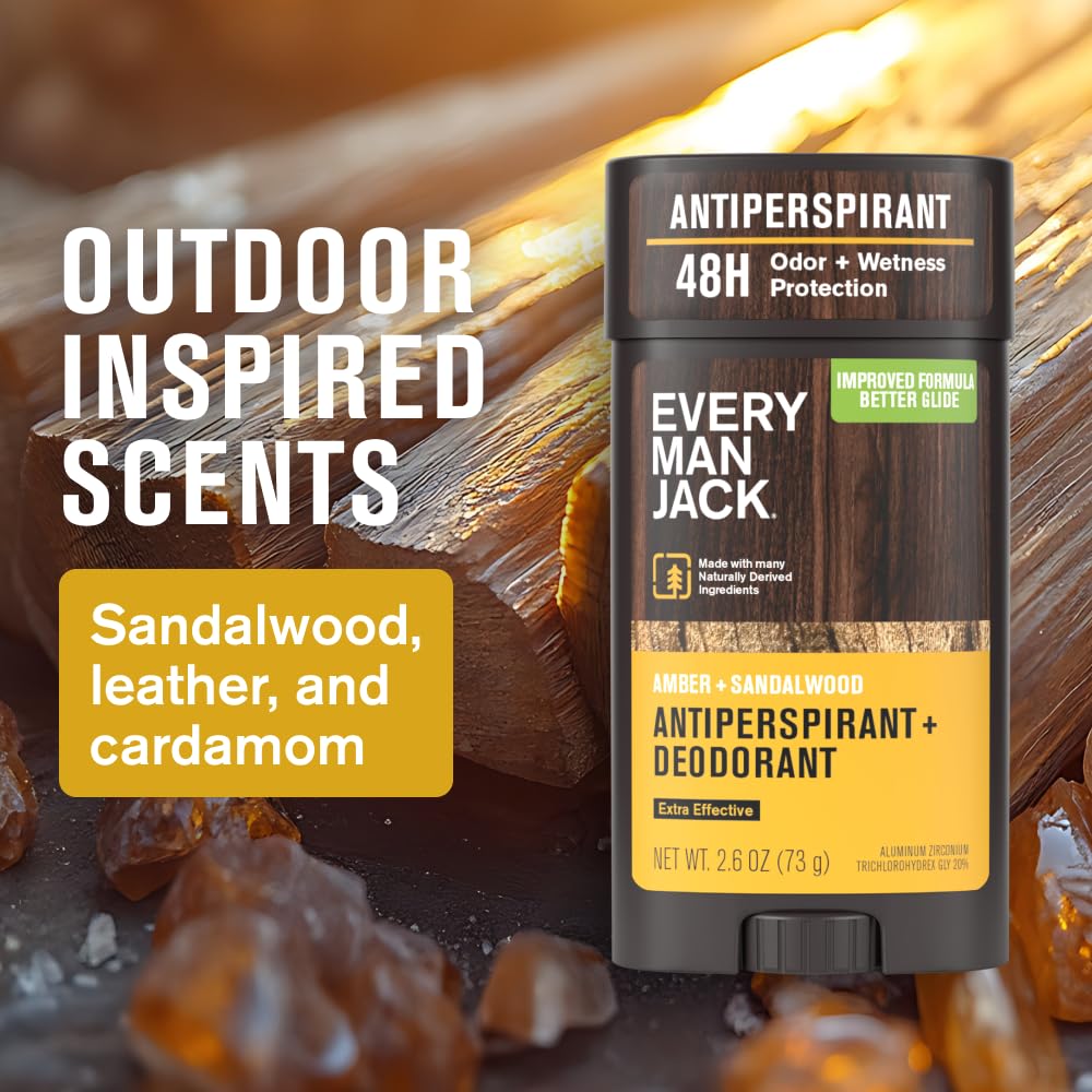 Every Man Jack Men’s Amber + Sandalwood Antiperspirant Deodorant – New & Improved Formula – Smooth Glide, 48-Hour Odor & Sweat Defense– 2.6 oz (2 Pack)