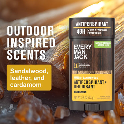Every Man Jack Men’s Amber + Sandalwood Antiperspirant Deodorant – New & Improved Formula – Smooth Glide, 48-Hour Odor & Sweat Defense– 2.6 oz (2 Pack)