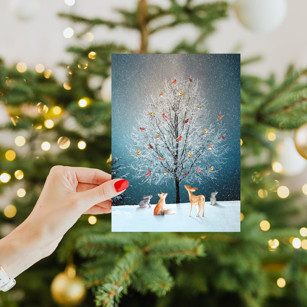 Tree-Free Greetings Bird Tree Holiday Cards - 10 Recycled 5x7 Cards & Matching Envelopes, Thick Cardstock, Made in USA - Magical Woodland Celebration
