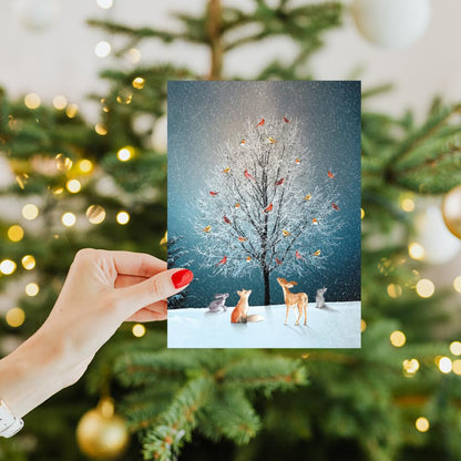 Tree-Free Greetings Bird Tree Holiday Cards - 10 Recycled 5x7 Cards & Matching Envelopes, Thick Cardstock, Made in USA - Magical Woodland Celebration