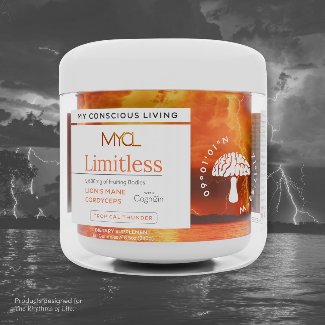 MYCL Limitless Mushroom Gummies | 320mg Lion’s Mane & Cordyceps Fruiting Body + 180mg Cognizin® Citicoline | Focus, Mental Clarity & Energy Support | Vegan, Organic, Gluten-Free | 30 Servings