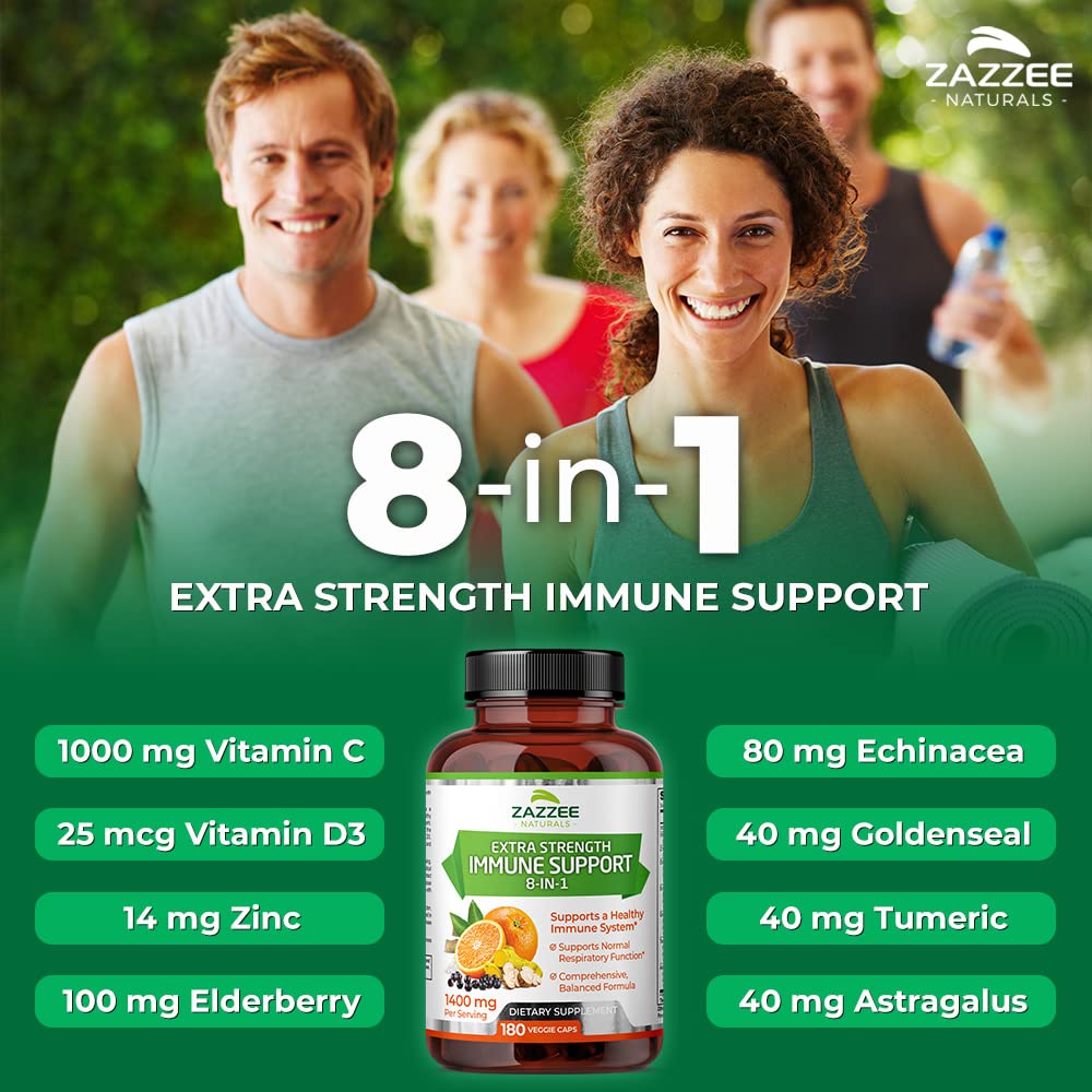 Zazzee Extra Strength 8-in-1 Immune Support, 1400 mg per Capsule, 180 Vegan Capsules, 1000 mg Vitamin C, 1000 IU D3, Zinc, Elderberry, Echinacea, Goldenseal, Turmeric, Astragalus, Made in The USA