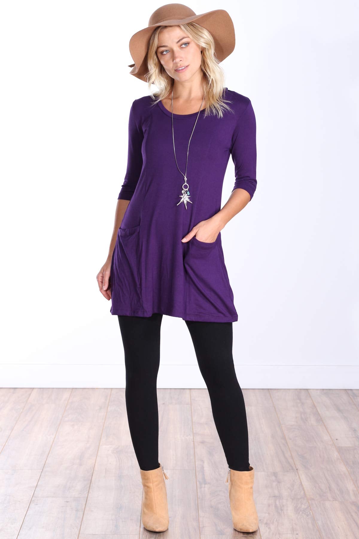 Popana Womens 3/4 Sleeve Tunic Top with Pockets for Leggings Made in USA Medium Eggplant