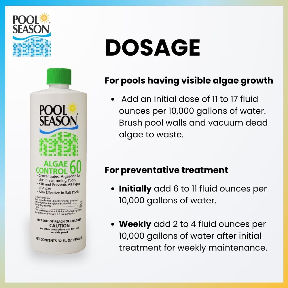 Pool Season Algaecide 60 | Polyquat 60 Non-Foaming Swimming Pool Algaecide | Pro-Grade Algae Killer & Preventative for Green, Black & Mustard Algae | Safe for Chlorine & Saltwater Pools – 1 Quart