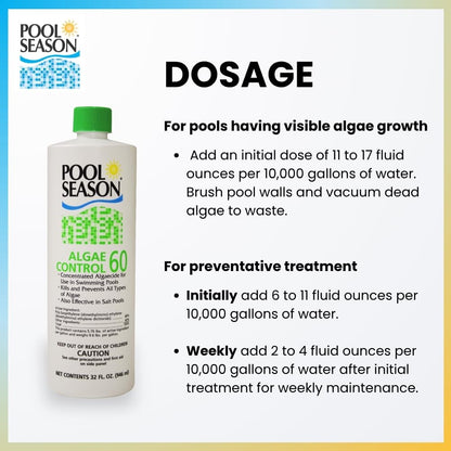 Pool Season Algaecide 60 | Polyquat 60 Non-Foaming Swimming Pool Algaecide | Pro-Grade Algae Killer & Preventative for Green, Black & Mustard Algae | Safe for Chlorine & Saltwater Pools – 1 Quart