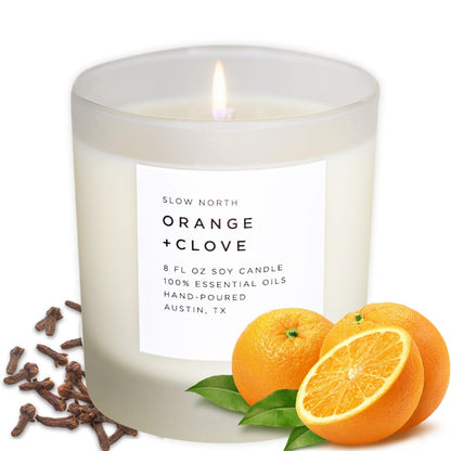 Slow North Orange + Clove Candle - Essential Oils and 100% Pure Soy Wax Candle in a Reusable Frosted Glass Jar - A Unique and Mindful Scented Candle Hand-Poured in The USA (8 oz)