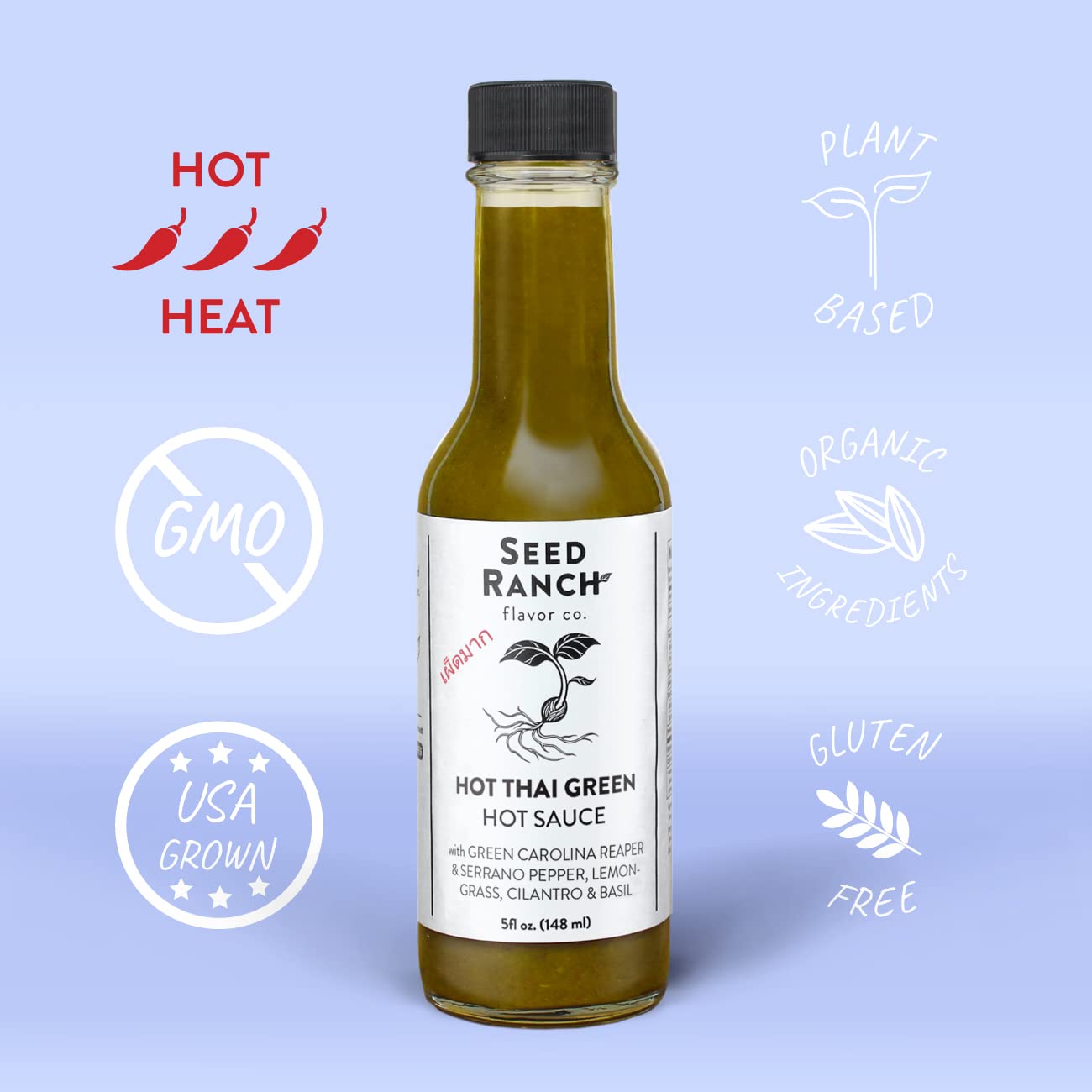 Seed Ranch Hot Thai Sauce, 5 Fl Oz - Spicy Heat - Featured on Hot Ones, Green Carolina Reaper Pepper, Organic Gourmet Hot Sauce - Vegan, Non-GMO, Gluten-Free, Proteins, Rice Bowls, Noodles & Breakfast