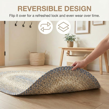 Super Area Rugs Blue and Beige Braided Rugs 2X3 Farmhouse Kitchen Rug - Ridgewood Braided Rug for Entryway/Mudroom - Reversible - Woven Indoor/Outdoor Rug - Made in USA - 2' X 3' Oval