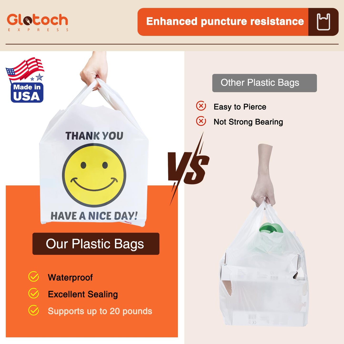 Glotoch 1000 Count - Plastic Thank You T-shirt Bags Smile Face White, 11.5 x 6.5"x 21" Grocery Bags with Handles for Restaurant, Retail, Grocery Store, Takeout, Convenience Stores, Shopping Bag in Bulk