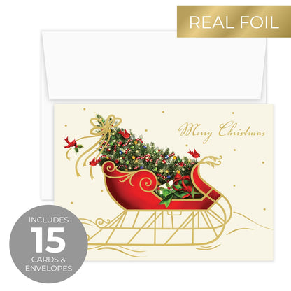 Canopy Street Masterpiece Holiday Sleigh Christmas Cards / 15 Traditional Holiday Cards With Coordinating White Envelopes Set / 5 5/8" x 7 7/8" Winter Greeting Cards With Inside Verse/Made In The USA