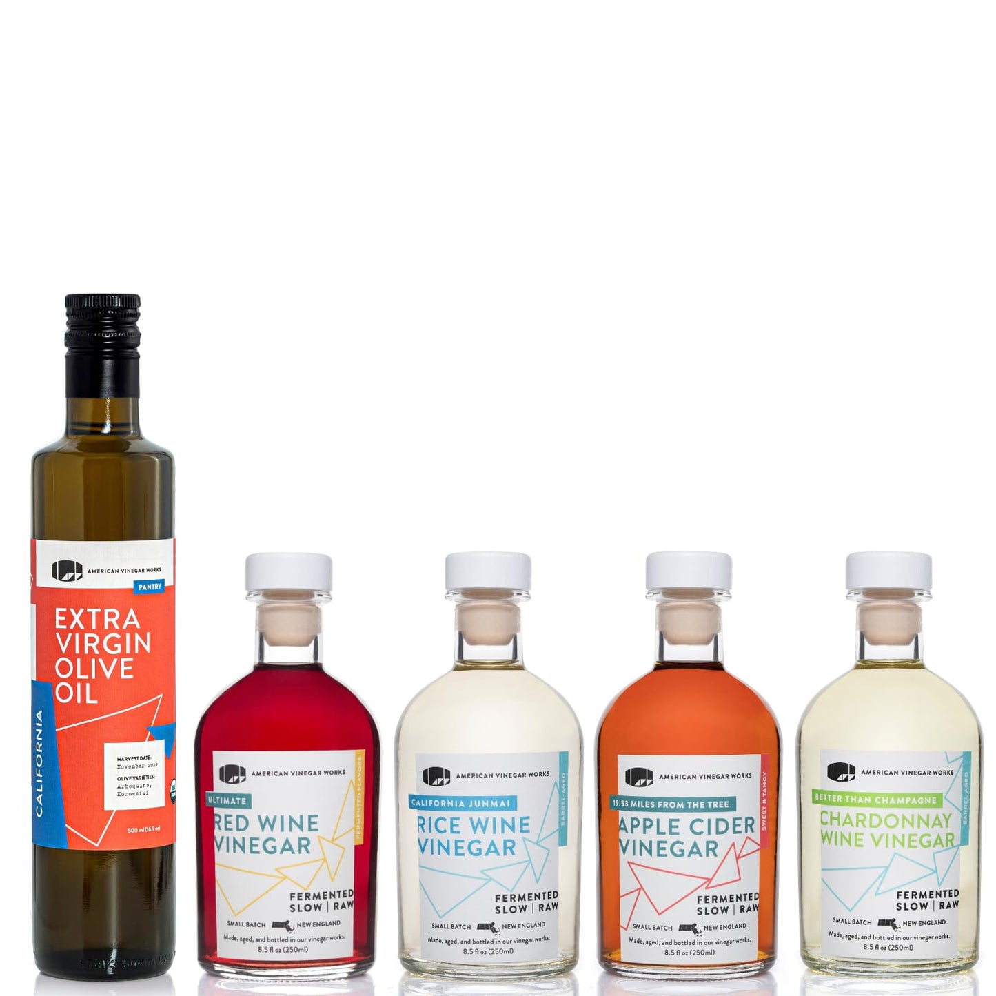 American Vinegar Works - Essential Kitchen Vinegars & Extra Virgin Olive Oil Gift Set - Includes Apple Cider, Red Wine, Rice Wine, and Chardonnay Wine Vinegars (8.5oz ea) with a EVOO (16.9oz)
