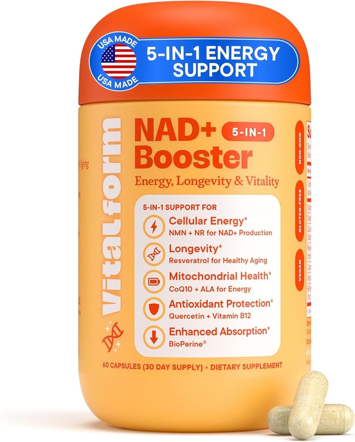 VitalForm NAD+ Booster – NMN + NR Complex for Energy, Healthy Aging, Brain & Mitochondrial Support – with Resveratrol, CoQ10, Quercetin, B12 & BioPerine – 60 Vegan Capsules