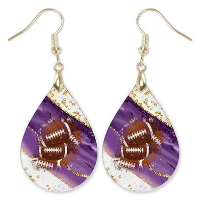 Purple White Gold Football Earrings Dangle Teardrop MDF Wood Sports School Team Spirit Fan Jewelry Gift for Women Mother's Day Handmade by The Painted Pug (Purple White Gold)