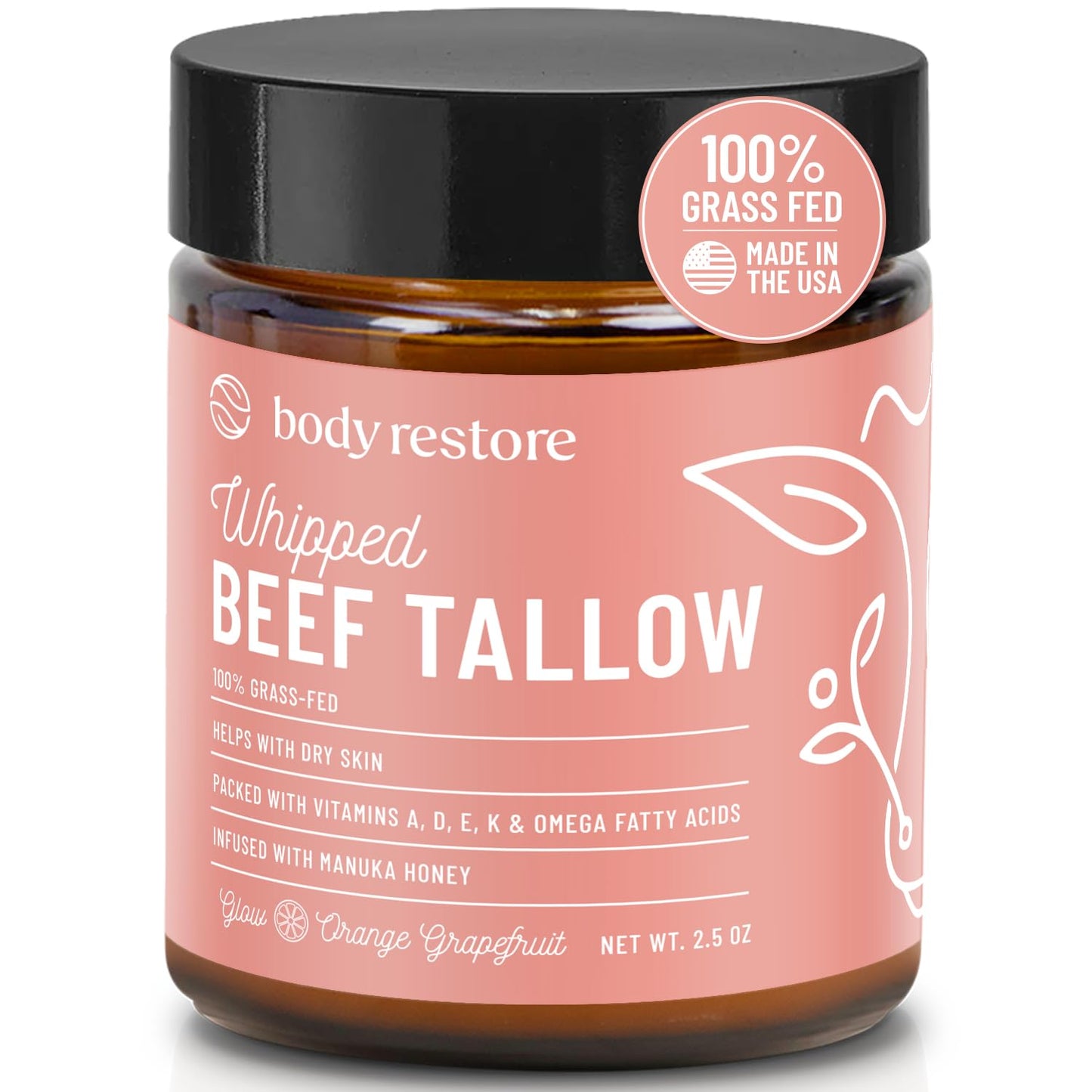 Body Restore Grass Fed Whipped Beef Tallow for Skin, Face, Body, Dry Skin - with Manuka Honey, Jojoba Oil, Birthday Gifts for Women, Men, Travel Essentials, Self Care - Citrus