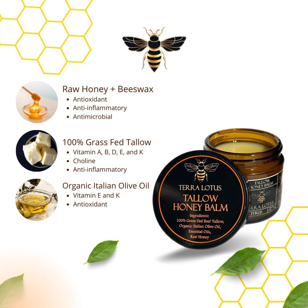 Terra Lotus - Organic Grass-Fed Beef Tallow Balm with Raw Honey - Moisturizing Cream for Soft, Smooth Skin - Handmade All-Natural Moisturizer (2 Oz, Citrus)