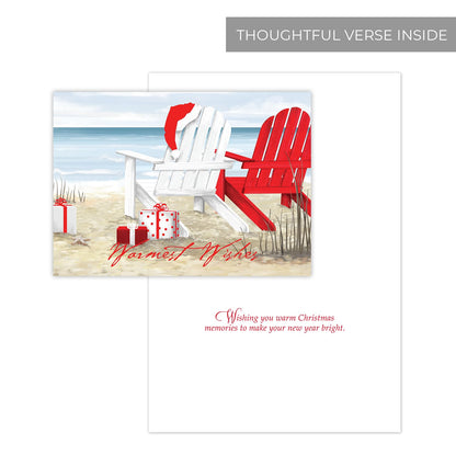 Masterpiece Beach Chairs Cards / 16 Warmest Wishes Coastal Holiday Card Set With Red Foil And White Envelopes / 5 5/8" x 7 7/8" Tropical Vacation Greeting Cards With Meaningful Inside Verse