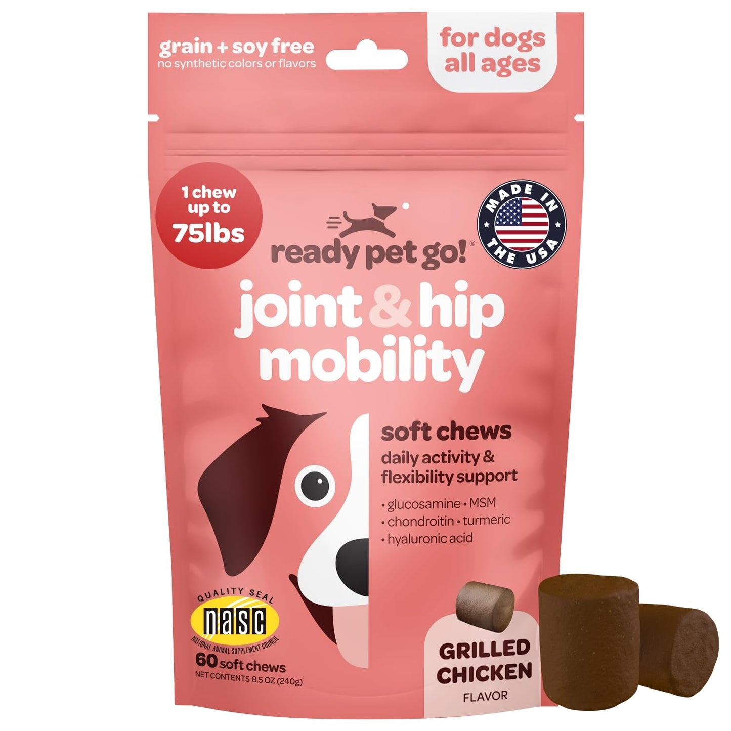 Hip and Joint Chews for Dogs | Dog Glucosamine Chews for Comfort & Mobility with Chondroitin MSM & Turmeric | Dog Joint Supplement for All Ages & Sizes | NASC Certified & Made in The USA | 60 Chews