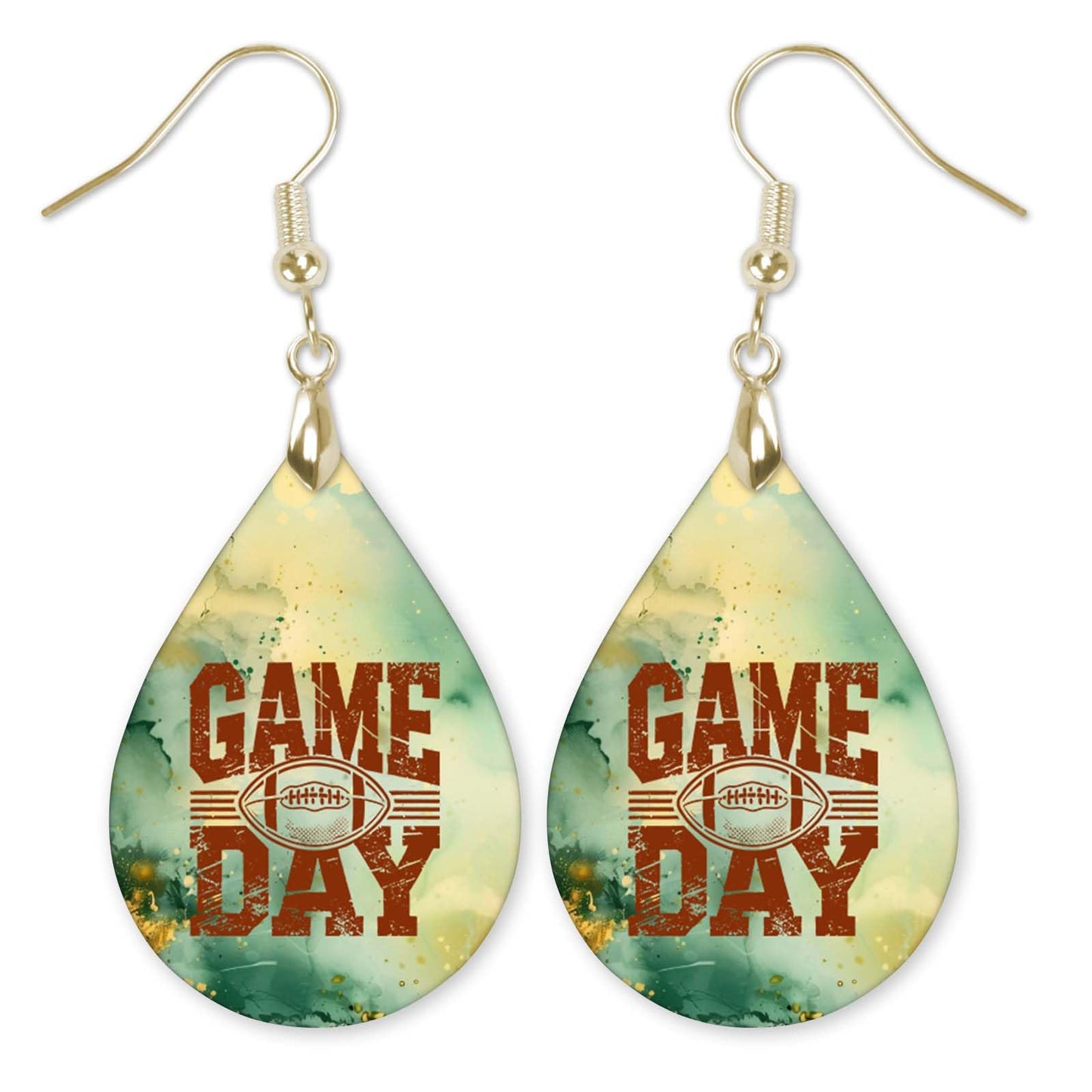 Football Gameday Earrings Green Gold Dangle Dangling Teardrop 2.25 Inches Long Lightweight Double-Sided Design Handmade by The Painted Pug