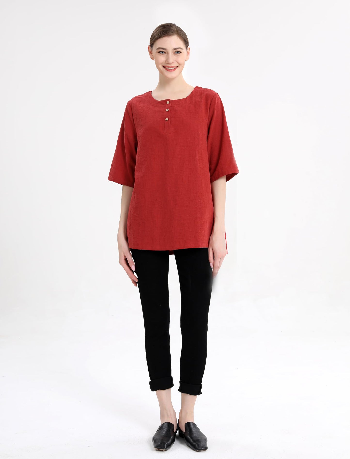 Minibee Women's 3/4 Sleeve Cotton Linen Jacquard Blouses Top T-Shirt(3XL, Red)