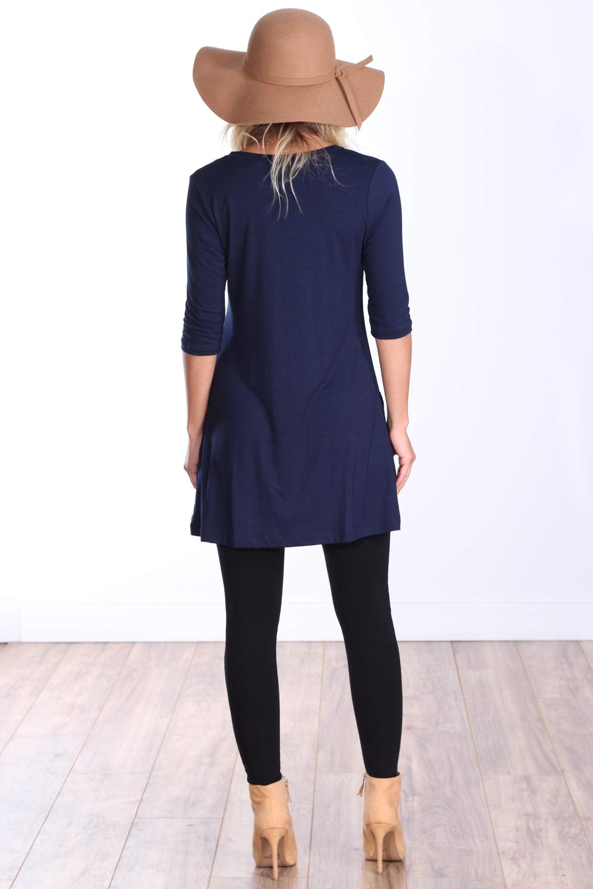 Popana Womens 3/4 Sleeve Tunic Top with Pockets for Leggings Made in USA Navy