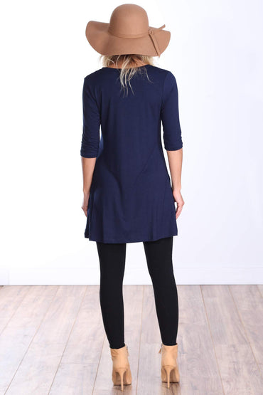 Popana Womens 3/4 Sleeve Tunic Top with Pockets for Leggings Made in USA Navy