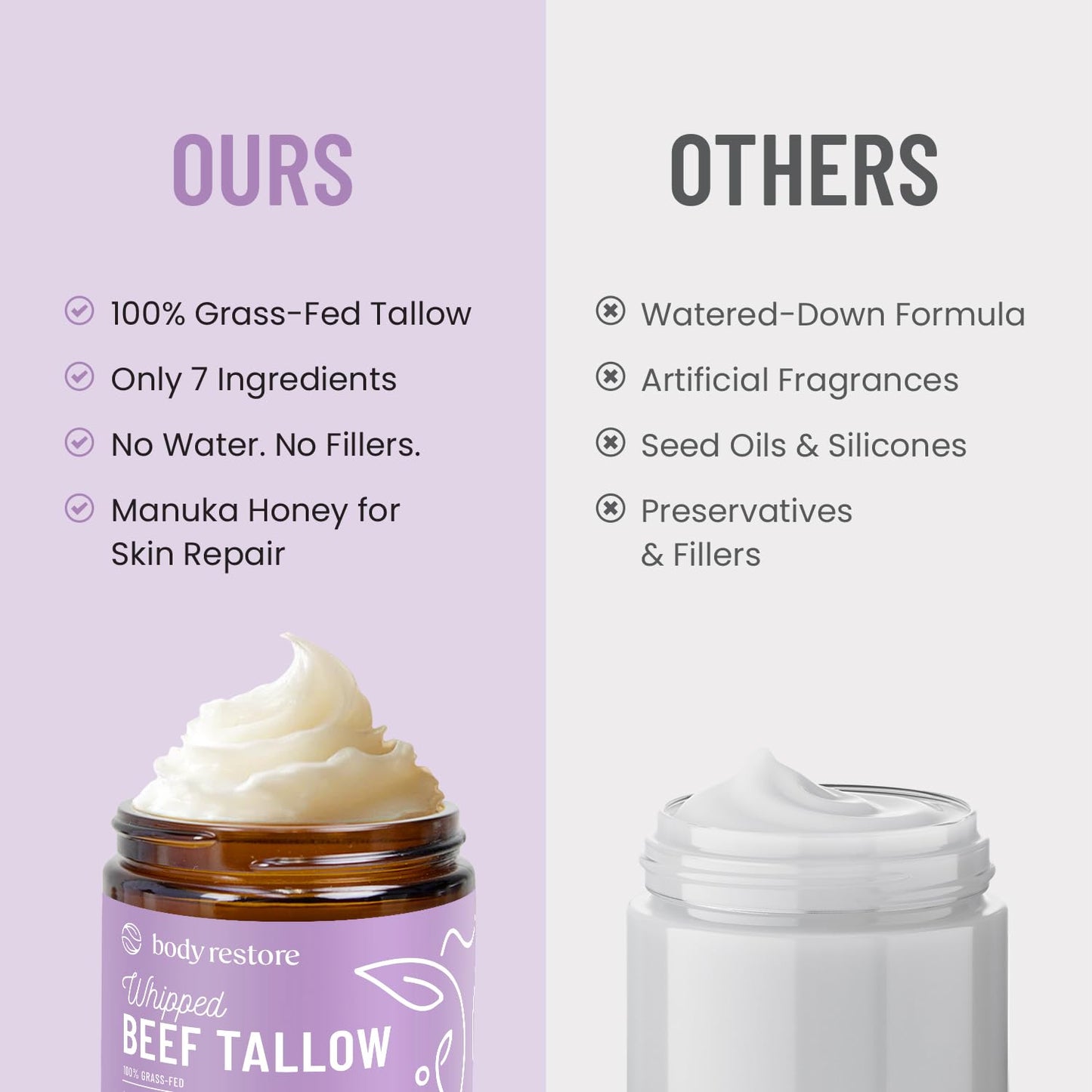 Body Restore Grass Fed Whipped Beef Tallow for Skin, Face, Body, Dry Skin - with Manuka Honey, Jojoba Oil, Birthday Gifts for Women, Men, Travel Essentials, Self Care - Lavender