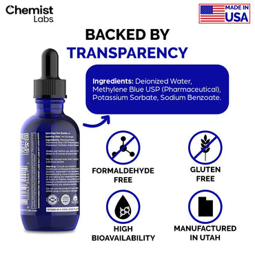 Chemist Labs Methylene Blue Drops Pharmaceutical Grade - 99% Purity USP Grade, Blue Methylene, Cellular & Mitochondrial Support, Third-Party Tested, Made in USA, 2oz