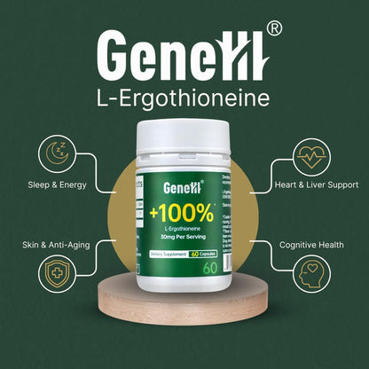 GENEIII L-Ergothioneine Supplement, 30mg(EGT)/Serving, 6X Ergothioneine Mushroom Extract Supplements Longevity, Immune Support, Heart Health & Brain Supplement, Lab Tested, Made in USA, 60 Servings
