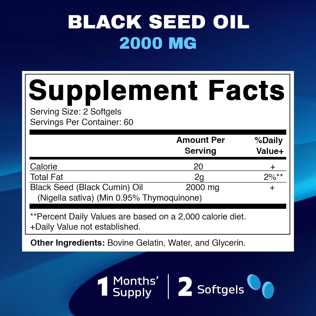 Vitamatic Black Seed Oil Capsules - 2000 mg per Serving - 120 Softgels - Cold Pressed - Contains Min 0.95% Thymoquinone - Supports Healthy Immune Response - Made in The USA