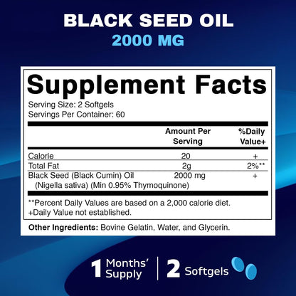 Vitamatic Black Seed Oil Capsules - 2000 mg per Serving - 120 Softgels - Cold Pressed - Contains Min 0.95% Thymoquinone - Supports Healthy Immune Response - Made in The USA