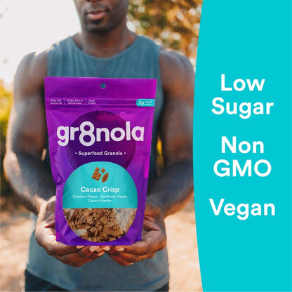 gr8nola CACAO CRISP - Healthy, Low Sugar, Vegan Granola Cereal - Made with Superfoods Cacao, Coconut, and Sunflower Seeds, Soy Free, Dairy Free and No Refined Sugar - 10oz Resealable Bag