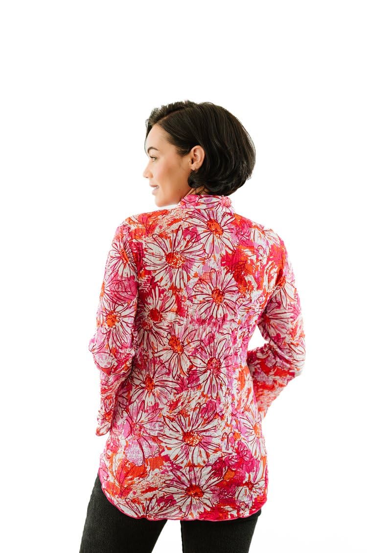 SNO SKINS Spring/Summer Collection Designer Print Crinkle Sweetheart Top with Stand Collar (Pink Passion)