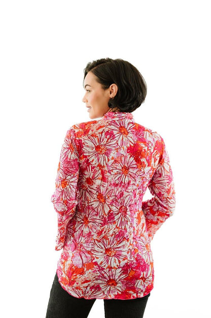 SNO SKINS Spring/Summer Collection Designer Print Crinkle Sweetheart Top with Stand Collar (Pink Passion)