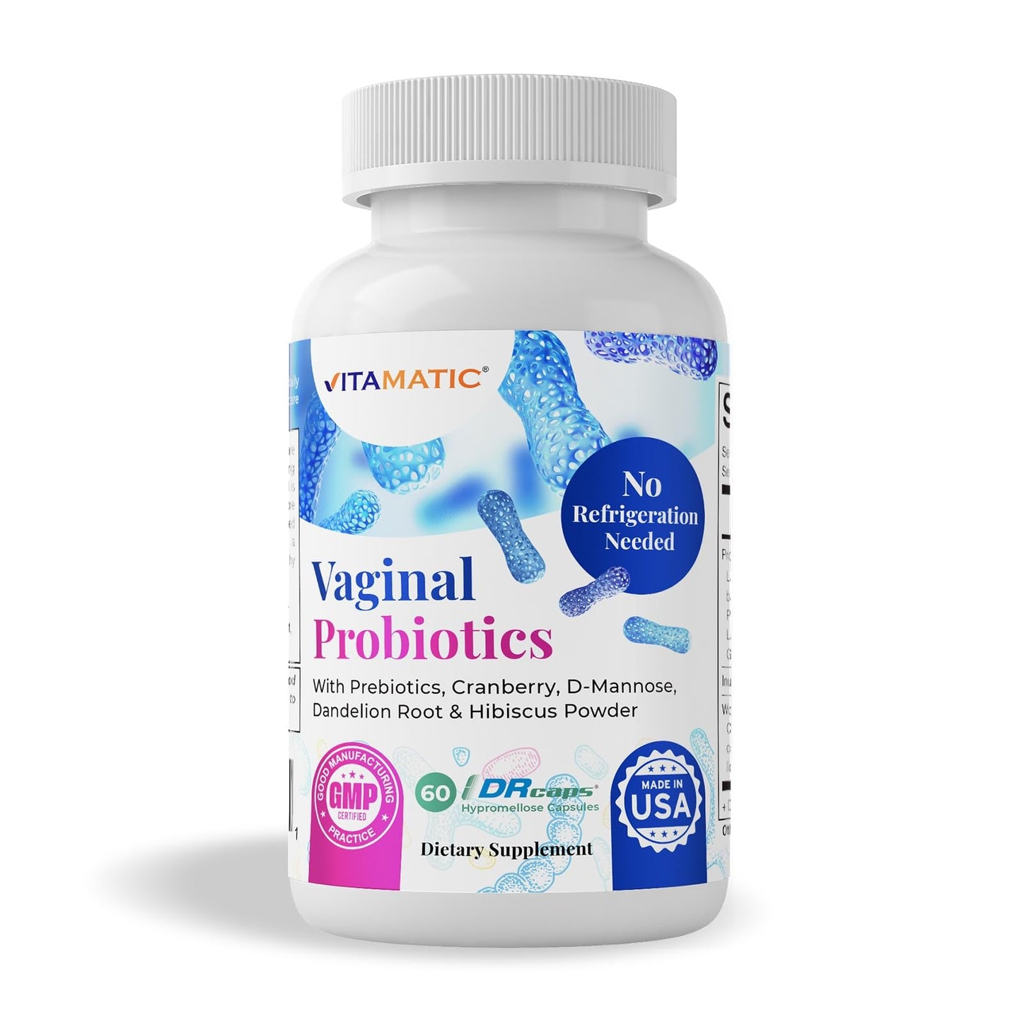 Vitamatic Vaginal Probiotics 20 Billions for Women pH Balance & Odor Control with Prebiotics & Probiotics 60 DR Capsules - Made with Cranberry, D-Mannose, Hibisucs & Dandelion