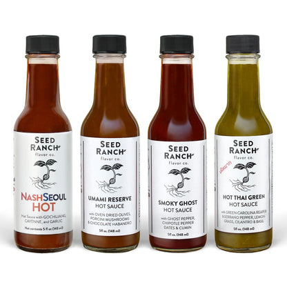 Seed Ranch Hot Sauce Variety Bundle, 4 Pack - Umami Reserve, Smoky Ghost, Thai Green, NashSeoul - Medium to Hot Heat, Organic Gourmet Hot Sauce, Vegan, Non-GMO, Gluten-Free