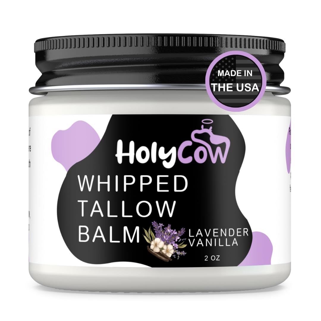 HolyCow Beef Tallow For Skin - Whipped Tallow Balm with Organic Jojoba Oil, Grass Fed Beef Tallow Face Moisturizer for Eczema, Baby, Lip Balm - Lotion For Extremely Dry Skin (Lavender Vanilla)