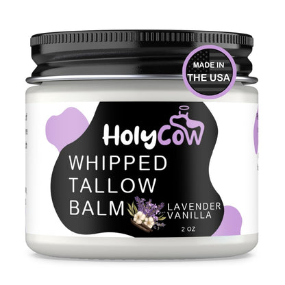 HolyCow Beef Tallow For Skin - Whipped Tallow Balm with Organic Jojoba Oil, Grass Fed Beef Tallow Face Moisturizer for Eczema, Baby, Lip Balm - Lotion For Extremely Dry Skin (Lavender Vanilla)