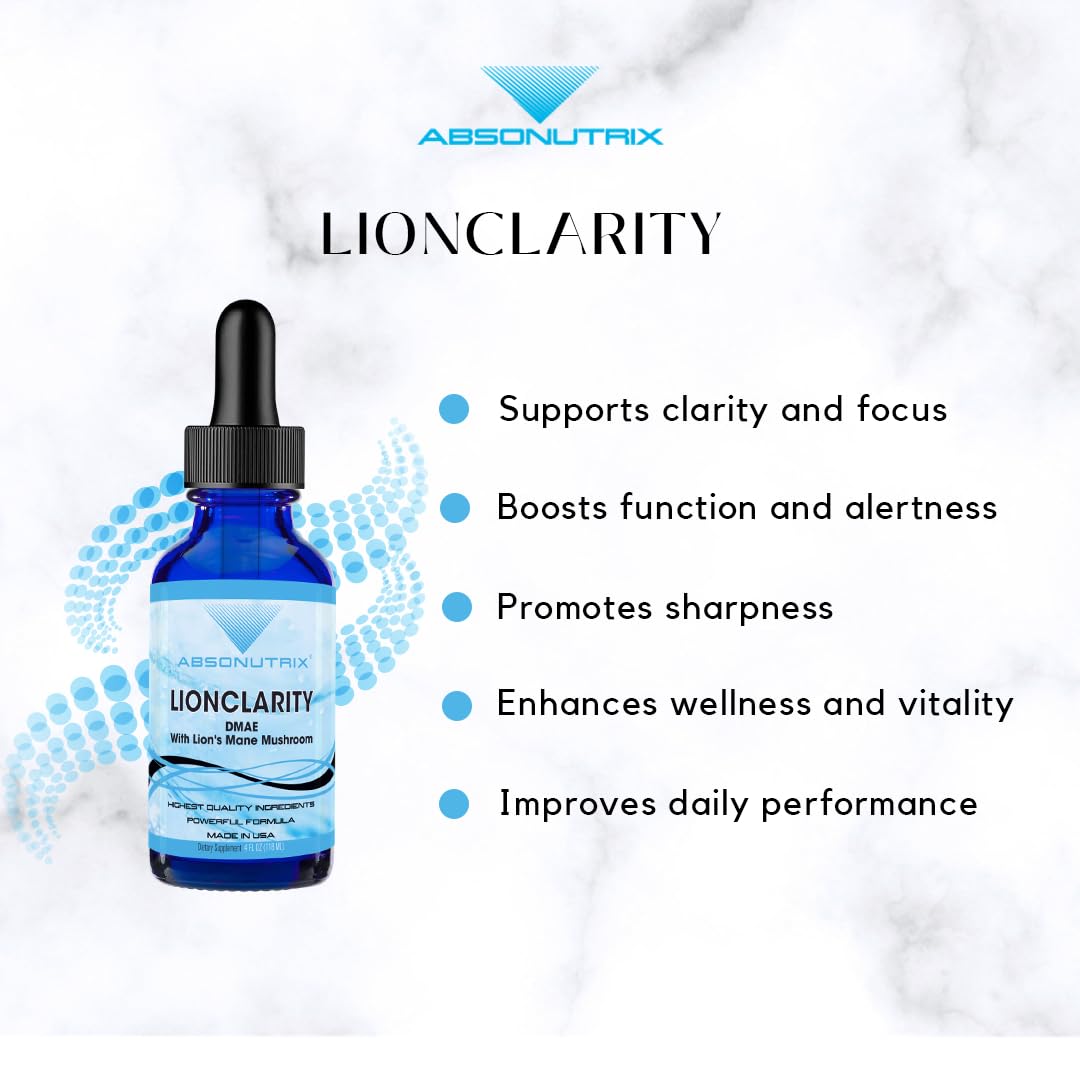 Absonutrix LionClarity Dmae with Lions Mane Mushroom Liquid, 390 mg, 4 FL Oz Liquid, 302 Servings, Made in USA, Plant-Based Ingredients, DMAE, Lion’s Mane, Huperzine A, Green Tea Extract, Non-GMO