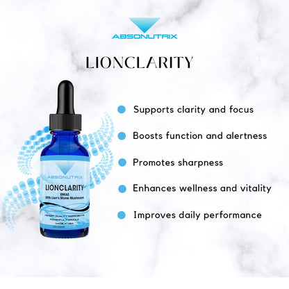 Absonutrix LionClarity Dmae with Lions Mane Mushroom Liquid, 390 mg, 4 FL Oz Liquid, 302 Servings, Made in USA, Plant-Based Ingredients, DMAE, Lion’s Mane, Huperzine A, Green Tea Extract, Non-GMO