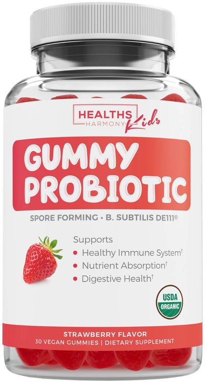 USDA Organic Probiotics for Kids (Non-GMO) Strawberry Flavor Kids Probiotic Gummies for Digestion & Immune Support - 2.5 Billion CFU of DE111 Spore Forming Strain for Maximum Survivability - 30 Gummys