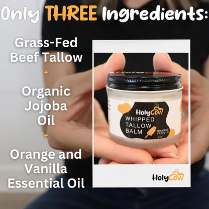 HolyCow Beef Tallow For Skin - Whipped Tallow Balm with Organic Jojoba Oil (Orange Vanilla), Grass Fed Beef Tallow Face Moisturizer for Eczema, Baby, Lip Balm - Lotion For Extremely Dry Skin