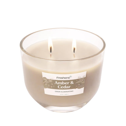 Carolina Freshens Amber & Cedar Odor Eliminating Highly Fragranced Candle for Home Scented, Eliminates 90% of Pet, Smoke, Food and Other Smells Quickly, 2 Wick, 14 oz - Made in The USA