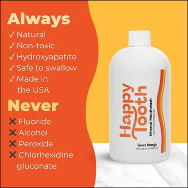 Happy Tooth Hydroxyapatite Mouthwash, Fluoride Free, Teeth Whitening, Remineralizing for Enamel Strength, Fresh Breath, Oral Microbiome Support, Dentist Formulated, Gentle Care, Sweet Orange, 20 Fl Oz