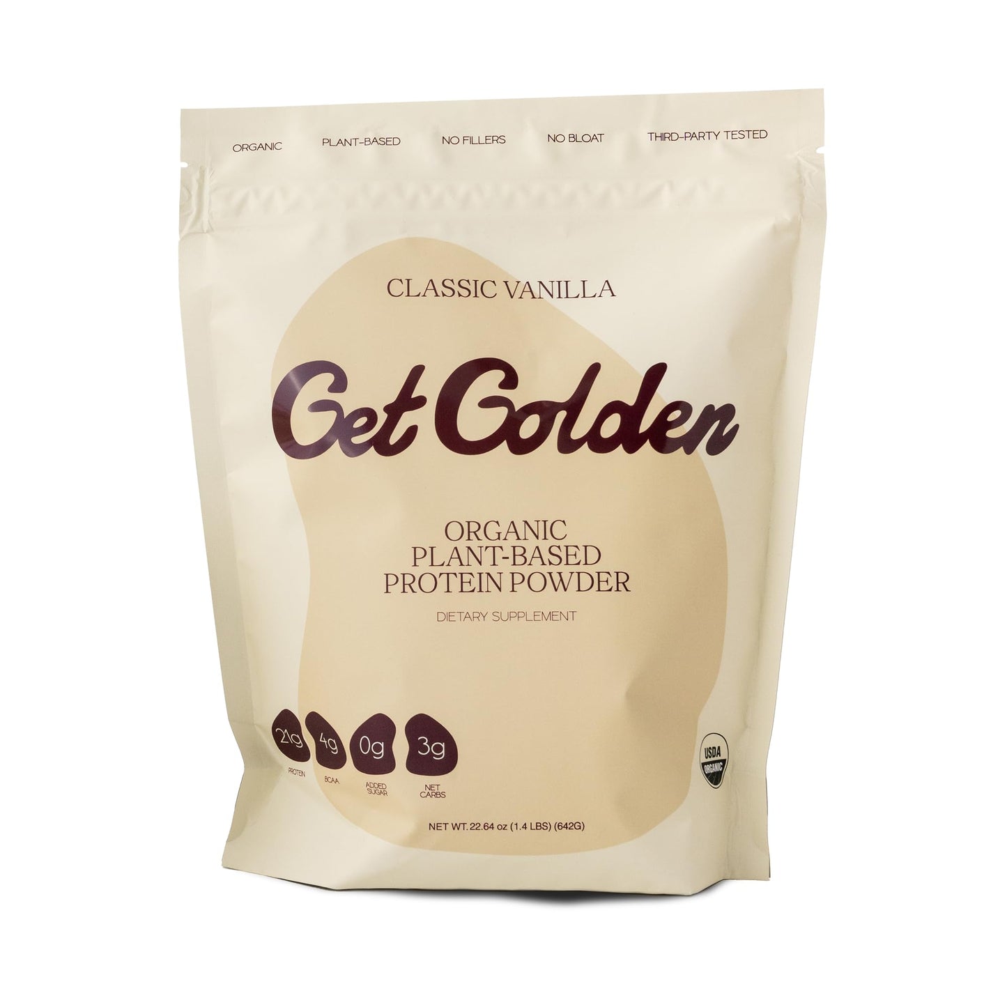 Get Golden Organic Classic Vanilla Protein Powder | 21g of Plant Based Protein Powder | Low Carb, Gluten Free, Dairy Free, No Added Sugar, Non-GMO | For Shakes & Smoothies (20 Servings, 1.4lb Bag)