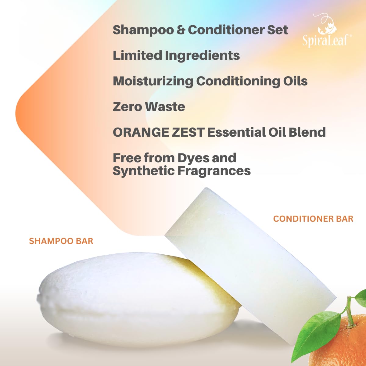 SPIRALEAF Solid Shampoo Bar & Conditioner Bar Set, ORANGE ZEST Limited Ingredients, Concentrated Formula, Fragrance-Free, Dye-Free, Premium Hair Care and Shave Bars