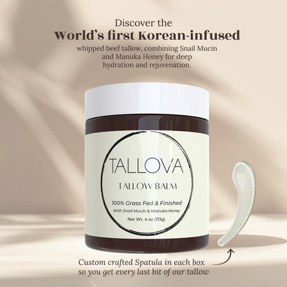 Tallova Hydrating Tallow Balm - Organic Beef Tallow for Skin. Enhanced with Snail Mucin & Manuka Oil, Unscented Eczema Care Moisturizer for Adult Men & Women. 4 Oz